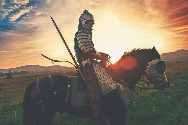 knight on horseback, armor on both man and horse.