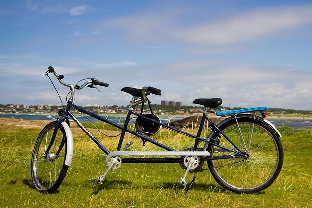 A bicycle built for two, standing empty with a helmet hanging from the back handle bars on a grassy patch by a bay.