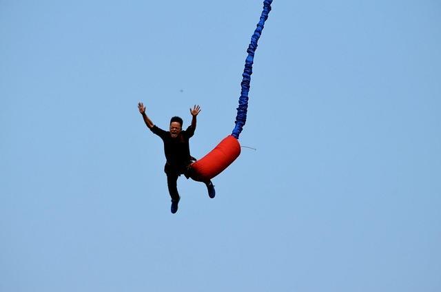 A man bungee jumping with only the rope, the sky and a terrified man falling in view.