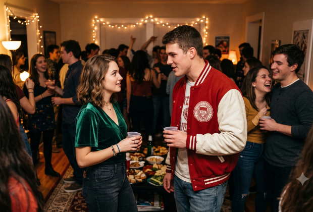 A football jock and a pretty girl talking at a college party.