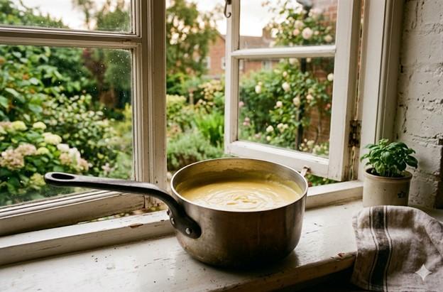 An image of a pot of creamy custard on a window sill, with the window open for cooling.