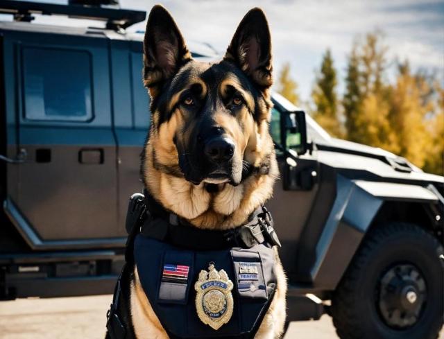 AI generated image of a police dog complete with vest and ID.