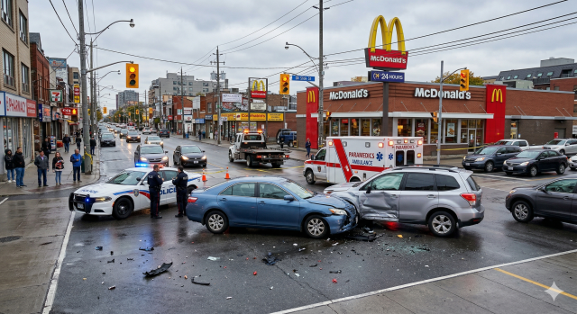 A car crash on a city street with a McDonalds in the background. Police and ambulance are already on scene.