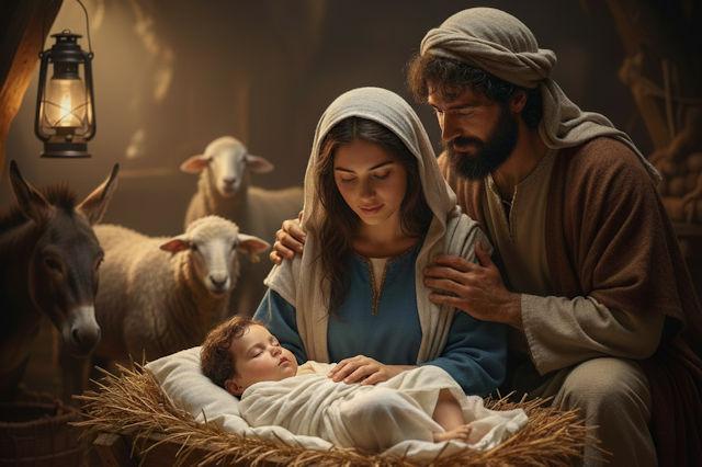 An AI image of Mary, Joseph looking at the baby Jesus sleeping on the hay.