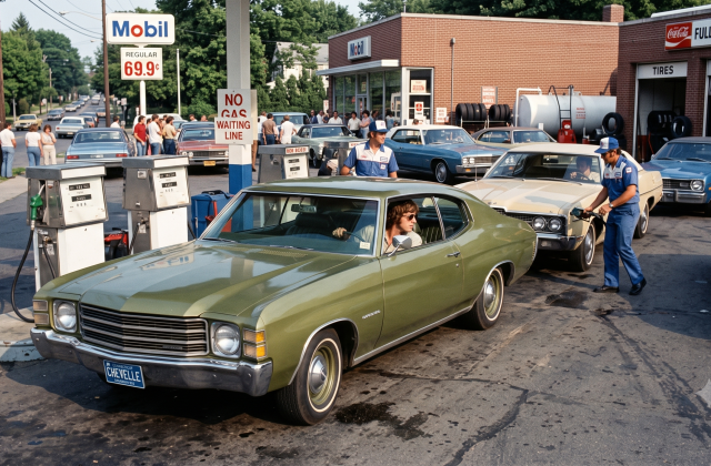 Several cars lined up at a gas station in the 1970s waiting for the attendant to pump their gas.