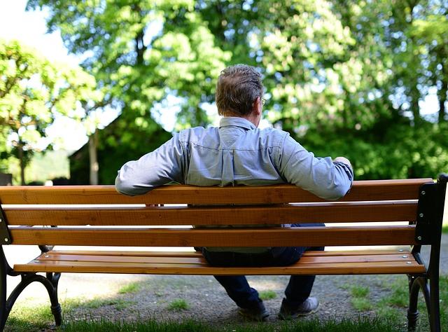 A middle-aged man sitting with his back toward us on a park bench.