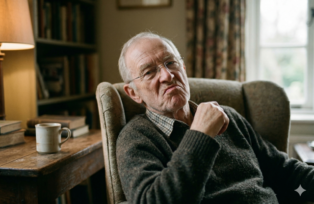 An elderly man sitting in a wing-back chair in a study, green sweater, glasses, thinning grey hair, looking with condescension.