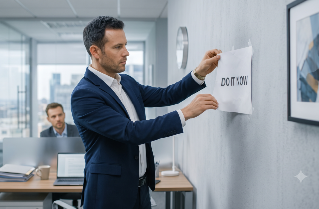 An executive removing a paper sign from the wall of the office.