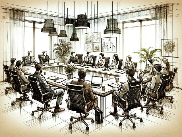 AI generated sketch of a boardroom with 15 men and women sitting around a large table.