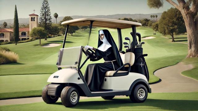 nun driving golf cart