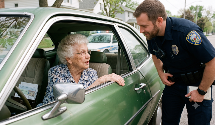 A police officer speaking to an old woman at her car window.