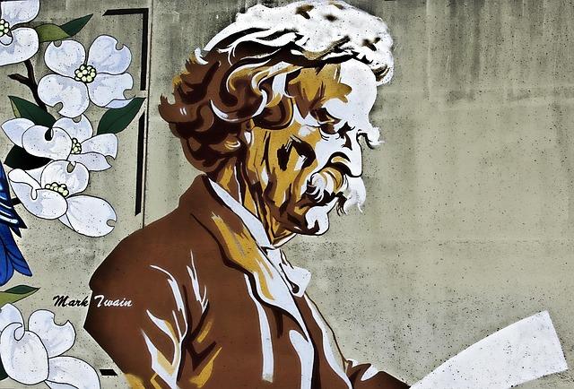 A sketch of an elderly Mark Twain looking down at a paper.