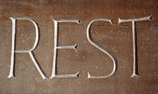 The word "rest" in all caps, raised lettering on a rough wood background.