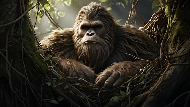 Ai image of bigfoot looking through an opening in the trees.