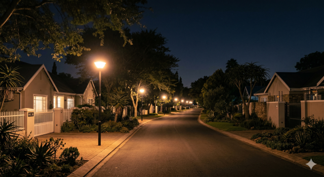 An image of a long row of street-lights along a quiet suburban neighborhood street.