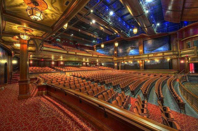 Looking across the empty seats of a posh theatre with a high ceiling and colored lights.