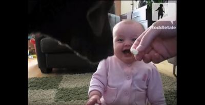 ss baby laughs at dog eating popcorn