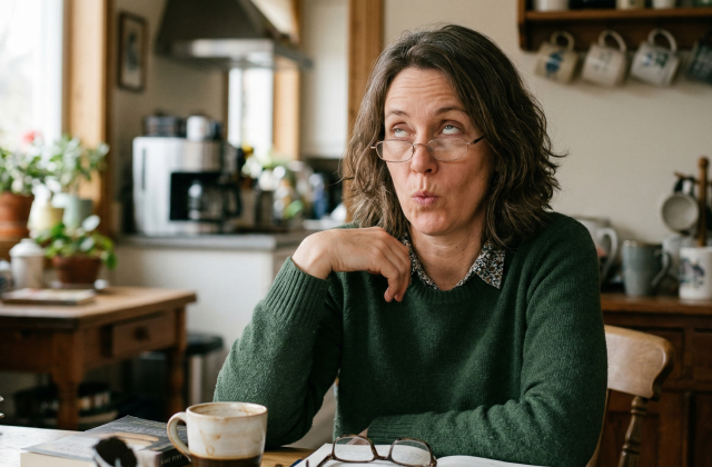 An AI image of a middle-aged woman in a green sweater, sitting at a kitchen table rolling her eyes.