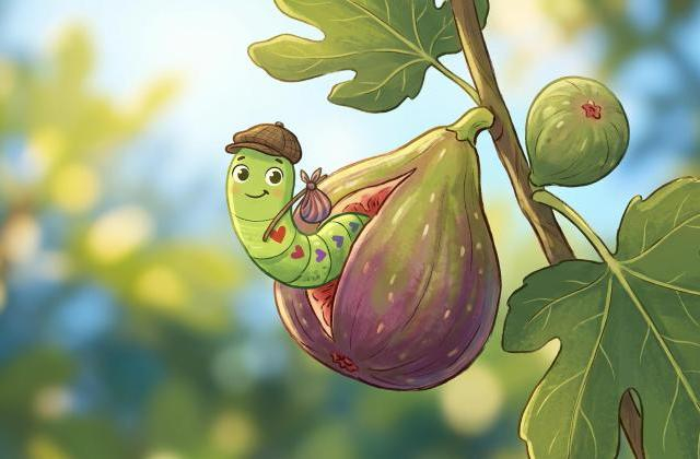 A cartoon image of a worm with a hat and knapsack coming out of a fig.