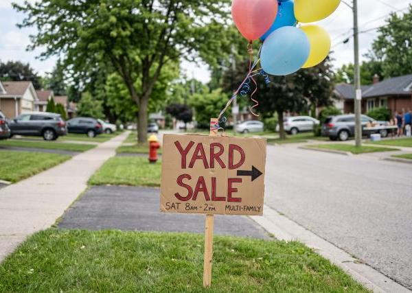A yard sale sign written in marker on cardboard on a single stake in a regular suburban neighborhood.