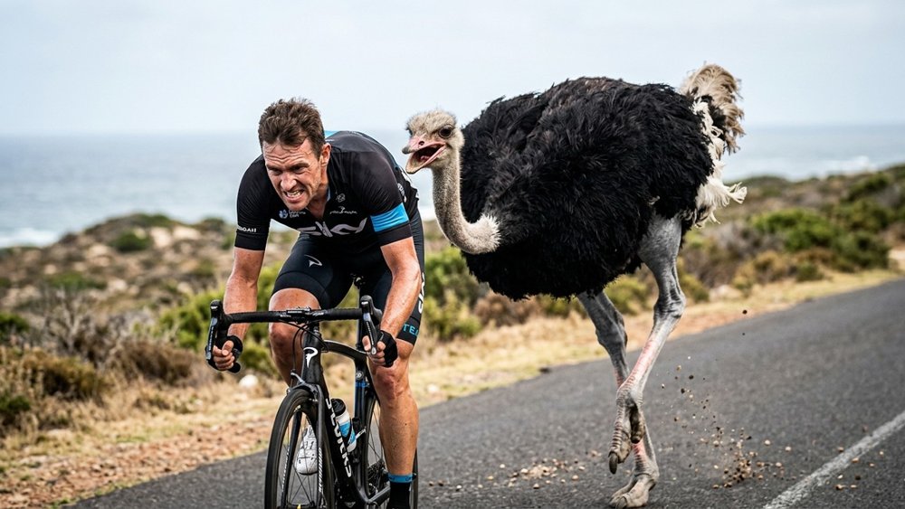 Cyclist chased by an ostrich at the Cape Argus Tour in South Africa