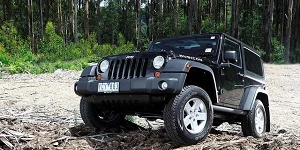A black jeep parked on an angle on a pile of dirt out in the forest.