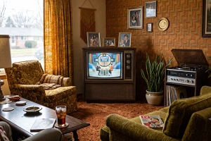 A seventies-style living room with a console TV in the corner.