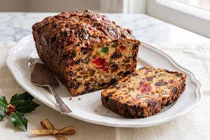 A light fruitcake cut so one slice is ready for someone to take.