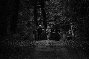 A black and white photo of an elderly couple walking along a dirt road through a forest.
