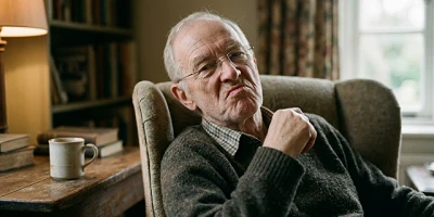 An AI image of a old man sitting in a Queen Anne chair with a very grumpy expression.