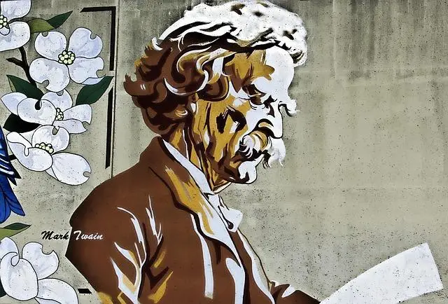 A sketch of an elderly Mark Twain looking down at a paper.