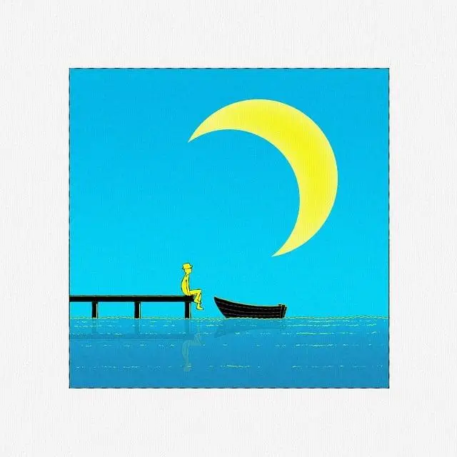 An illustration using bright blue, yellow and black to show a small rowboat near a pier under a large crescent moon.
