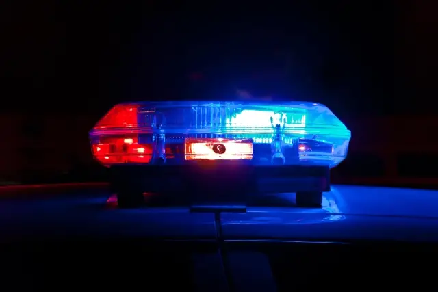 The red and blue lights on a police car roof at night.