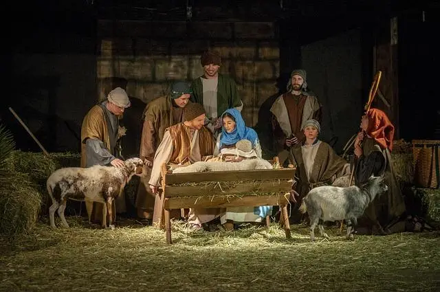 Living nativity scene with sheep, shepherds, Mary, Joseph & babe.