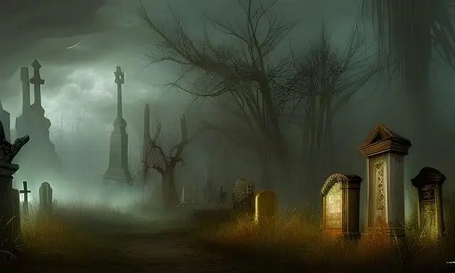 A foggy cemetery at night with lighting that only makes it look spookier.
