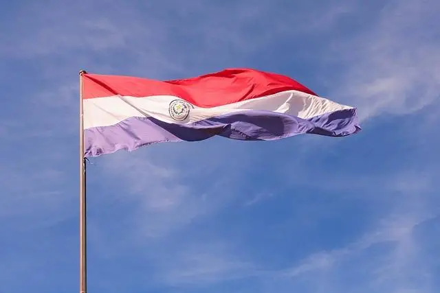 The Paraguay flag flying high against a blue sky.