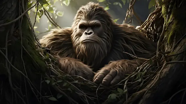 Ai image of bigfoot looking through an opening in the trees.