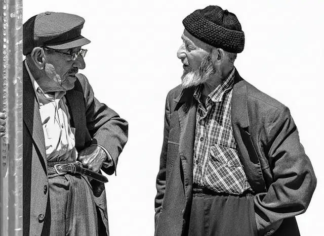 Two old men standing with hats and long coats talking.